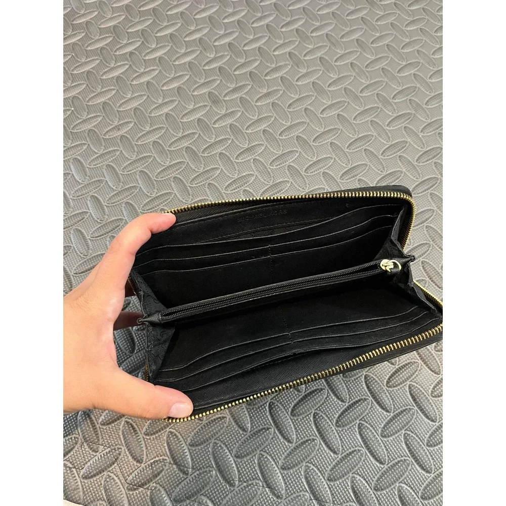 Michael Kors Zip Around Wallet Womens OS Black Saffiano Leather Gold Logo